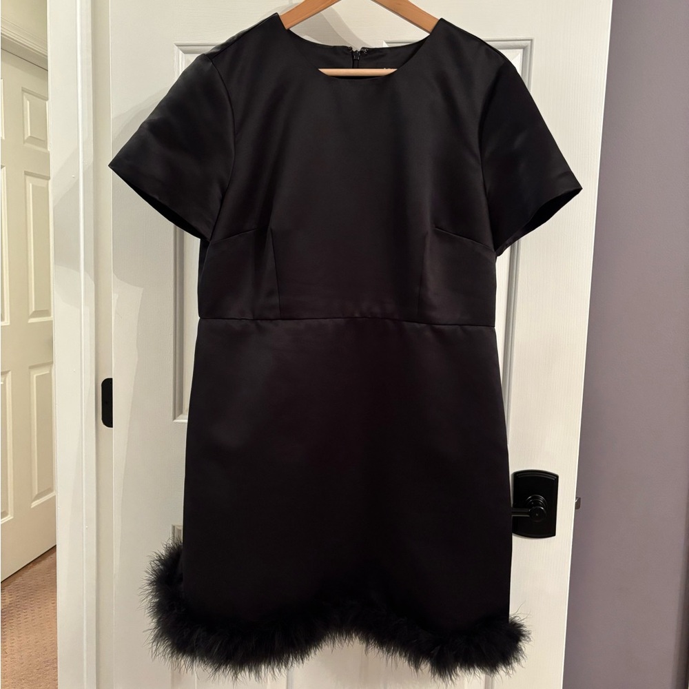 J. Crew Collection with Custom MARABOU FEATHER TRIM Black Duchesse Satin Dress